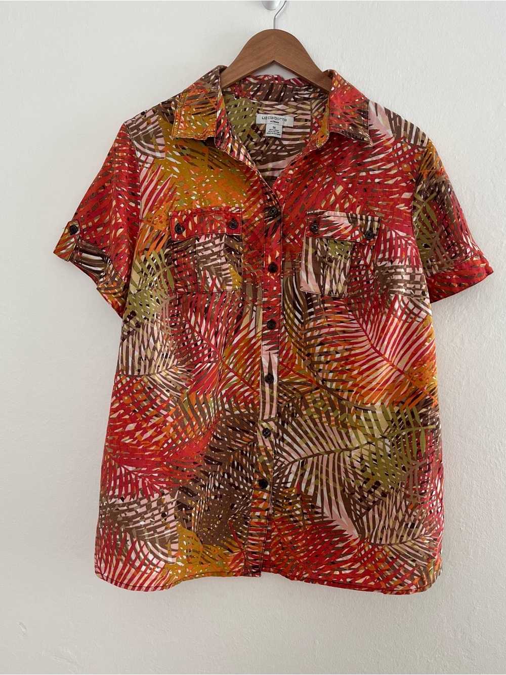 Liz Claiborne Short-Sleeve Button-Up Shirt Sz 1X Multicolor Tropical Linen blend